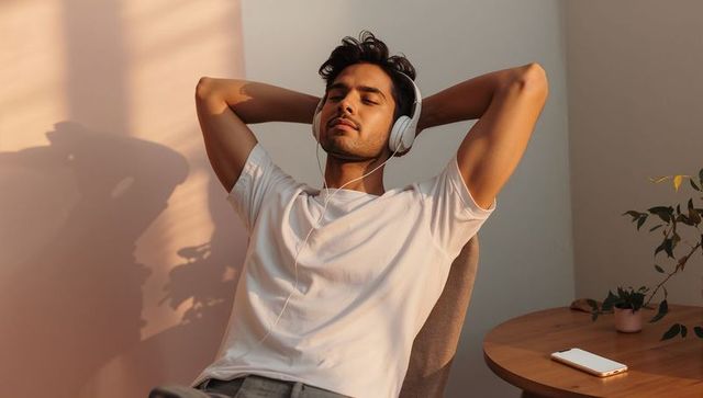 Man relaxing with headphones at home during golden hour minimalist sunlit interior