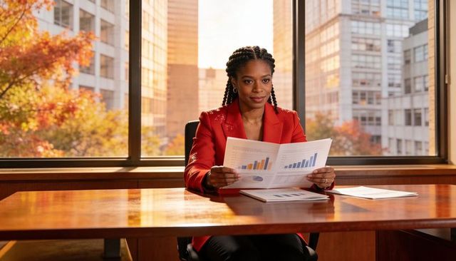 Female executive reviewing financial charts in boardroom with city skyline, autumn light