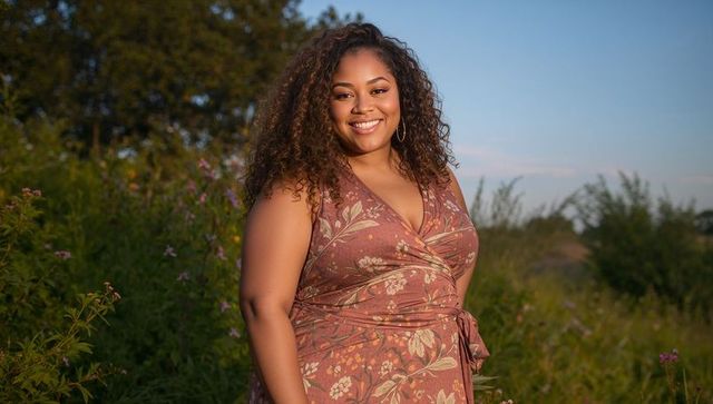 Smiling woman in floral wrap dress in wildflower meadow at golden hour wearing hoop earrings