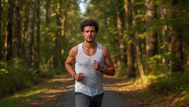 Running man on forest trail wearing white tank and smartwatch during morning run