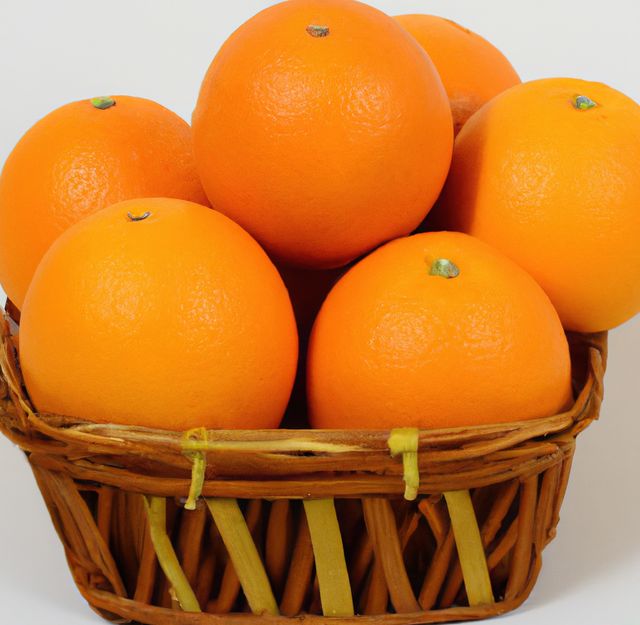 Image of close up of heap of oranges in traditional wicker basket on white background. Orange fruit and colour concept.
