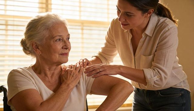 Caregiver comforting elderly woman at home offering compassionate support and gentle assistance
