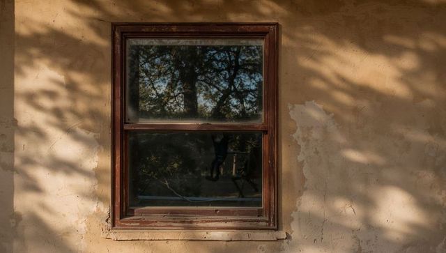 Weathered wooden double-hung window with peeling stucco, sunlight and tree reflections