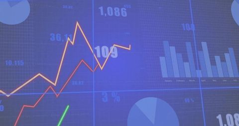 Interactive Finance Dashboard Showing Trend Lines, Bar and Pie Charts on Blue Grid Background
