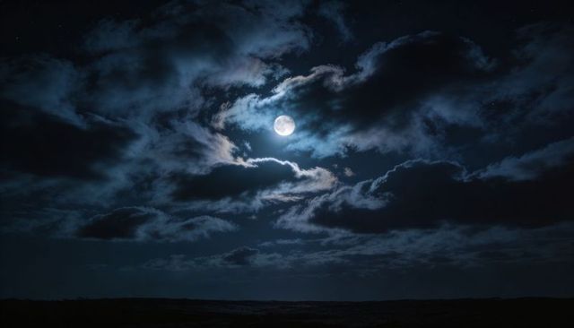 Full Moon Emerging Through Moody Cloudscape Over Dark Horizon, Cinematic Nightscape