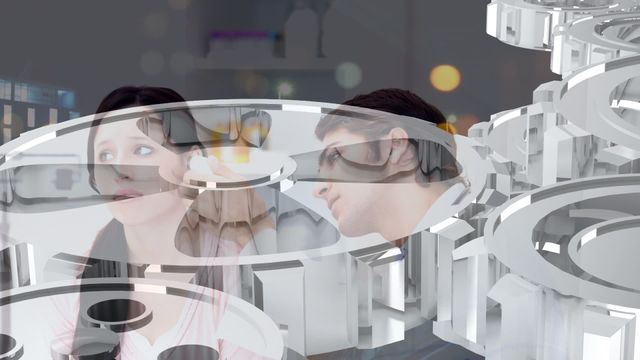 Animated visual of a doctor examining a patient's ear, overlaid with interconnected gears and nighttime traffic. Use for healthcare technology content, hearing disorder awareness, or articles about the impact of urban noise on health.