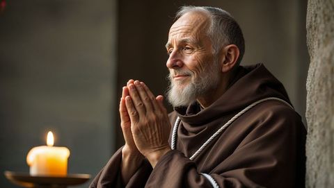 Senior monk praying in monastery corridor with lit candle