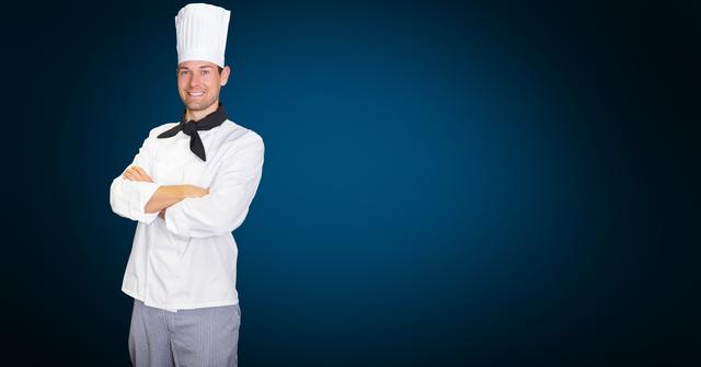 Digital composition of chef standing with arms crossed against blue background