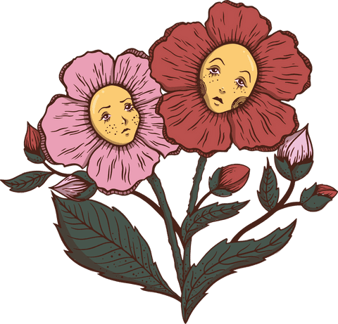 Vintage Anthropomorphic Flowers with Faces on Transparent Background