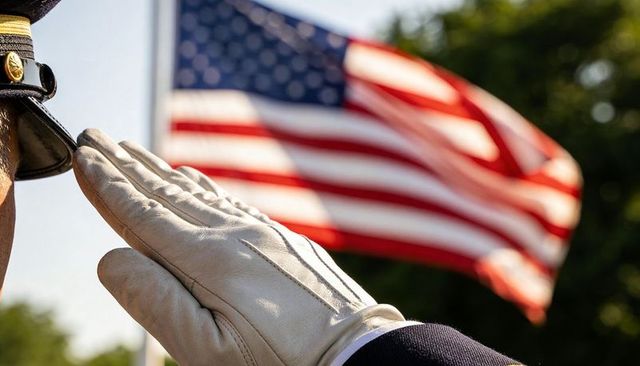 Saluting military guard raising white-gloved hand with us flag waving in sunlight