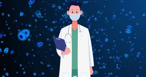 Doctor with Face Mask Amidst Animated Blue Cells Background