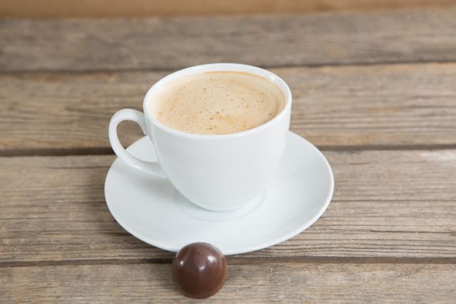 Close-up of coffee cup and chocolate ball on wooden surface
