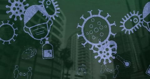 Coronavirus icons over cityscape on green background concept