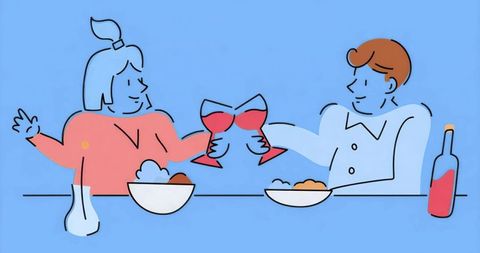 Minimalist Illustration of Couple Toasting Over Romantic Dinner