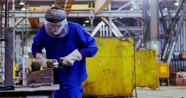 Factory Worker Using Grinder for Metalwork Safety Gear Motion Industrial Workshop Background - Download Free Stock Images Pikwizard.com