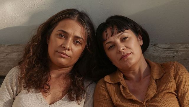 Two women reclining together on rustic bench sharing intimate moment in warm natural light