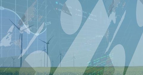 Wind Farm Financial Data Overlay Showing Renewable Energy Trends with Market Charts and Analytics