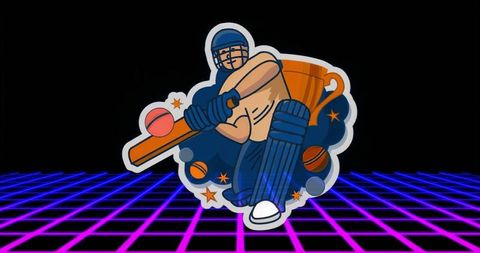 Neon Retro Cricket Batsman Cartoon Swinging with Trophy and Ball on Futuristic Grid