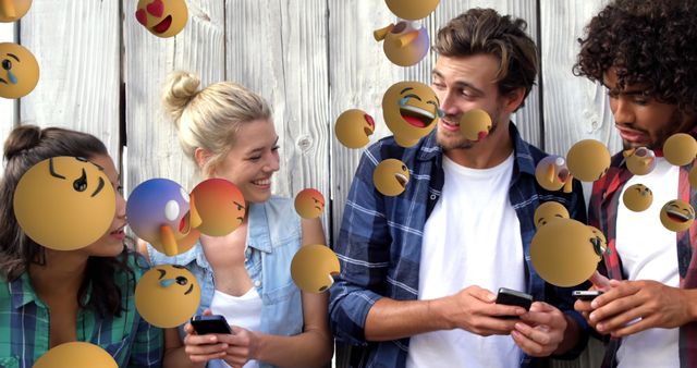 Friends Enjoying Each Other's Company with Social Media Emojis - Download Free Stock Images Pikwizard.com