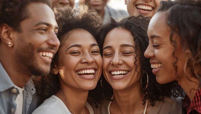 Sunlit friends laughing and leaning together at outdoor gathering, joyful group portrait