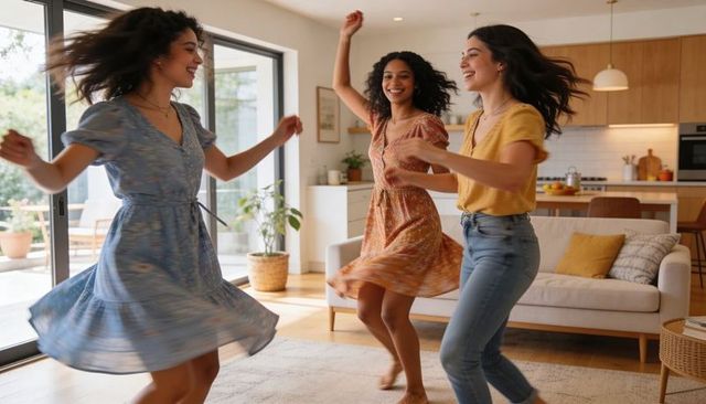 Sunlit friends dancing in open living room by sliding glass door, casual home celebration