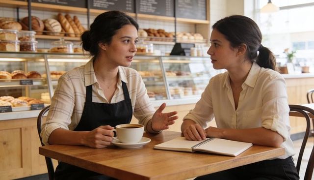 Bakery Owner Discussing Business Plans with Assistant Over Coffee and Notebook in Cozy Cafe