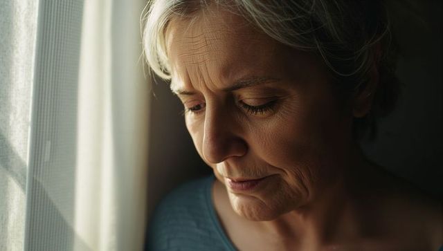 Contemplative senior woman gazing through sheer curtain, sunlight highlighting face, closeup