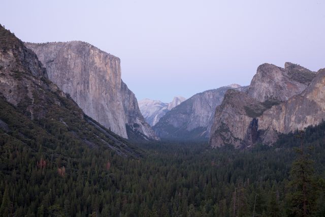 This image showcases a tranquil sunrise in Yosemite National Park, highlighting the majestic mountains and dense forest. El Capitan and other iconic mountain peaks are clearly visible. Useful for content related to travel, nature, outdoor activities, hiking, and tourism. Ideal for blogs, brochures, social media, and websites promoting natural beauty and attractions of California.
