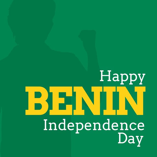 This illustration features 'Happy Benin Independence Day' text with a man's silhouette against a green background. It is perfect for use in social media posts, greeting cards, and flyers aimed at celebrating Benin's independence. The design has a strong sense of national pride and festivity, making it suitable to convey patriotic messages and cultural pride.