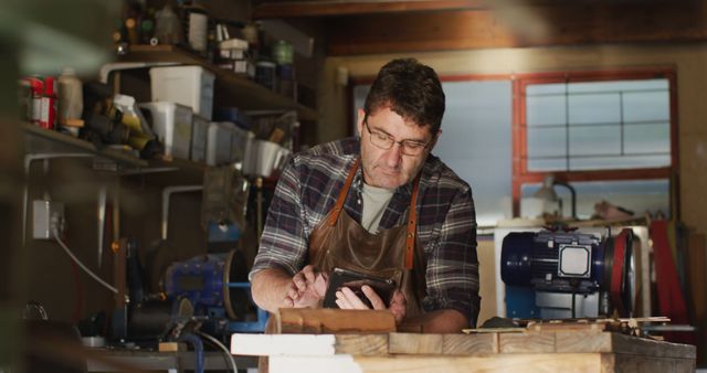 Middle-aged Man Working in Workshop with Digital Tablet - Download Free Stock Images Pikwizard.com