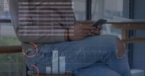 Man Using Smartphone with Data Overlay in Business Setting