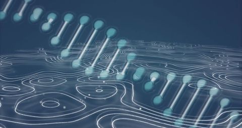 Glowing dna helix over digital topography conceptual artwork