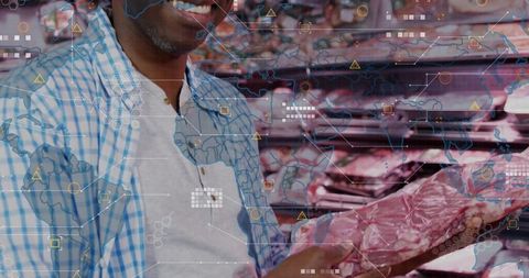 Augmented grocery shopping: shopper examining sealed meat with ar data overlay and map