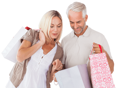 Caucasian Couple Happily Shopping Together on Transparent Background