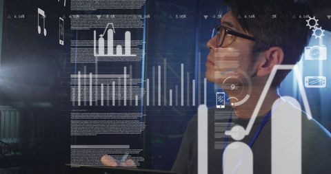Engineer Analyzing Data Visualizations in Advanced Server Room