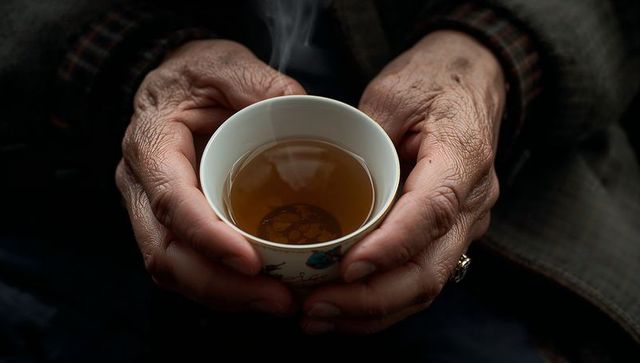 Elderly hands cradling steaming porcelain teacup warming palms in moody low-light portrait