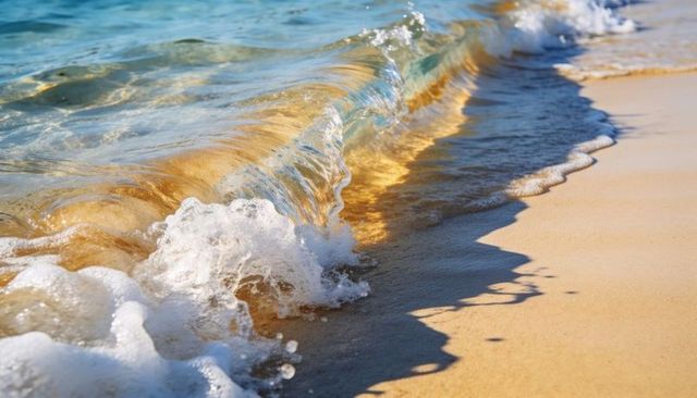 Golden wave curling over sandy shore, sunlit turquoise water lacing foam