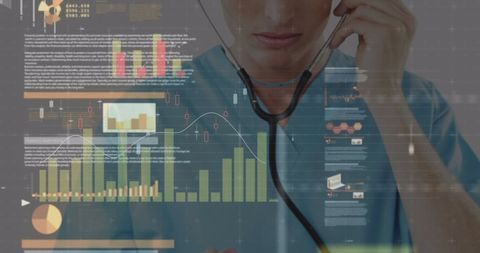 Doctor Analyzing Data with Financial Graph Overlays