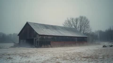 Winter Mist Rolling Across Snowy Field Around Weathered Barn, Slow Cinematic Pan