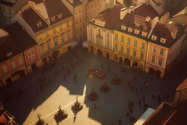 Aerial view of a historic town square at dusk, showcasing beautiful buildings with pastel colors and red rooftops. People are strolling across the stone plaza, with long shadows stretching out behind them. This image is perfect for illustrating historic European towns, travel destinations, or architecture in urban environments with evening lighting.