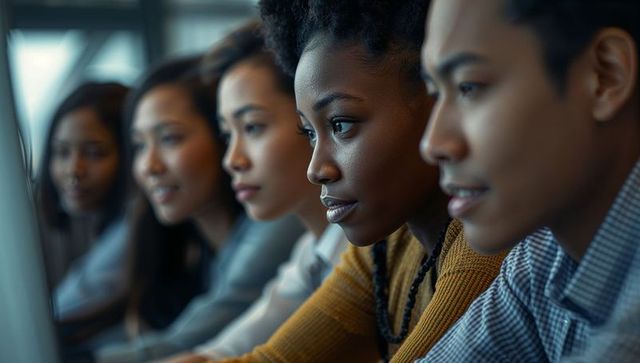 Focused colleagues collaborating at modern workspace