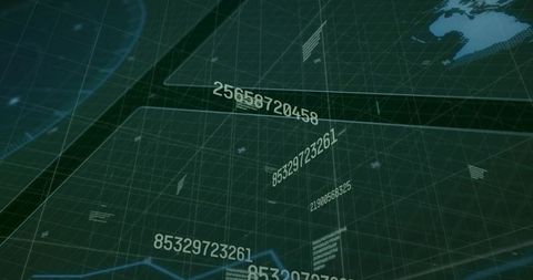 Futuristic Digital Interface with Grid, Numbers, and World Map Overlays