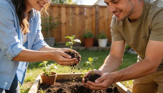 Couple Planting Seedlings in Raised Garden Bed Backyard Gardening Together in Warm Sunlight