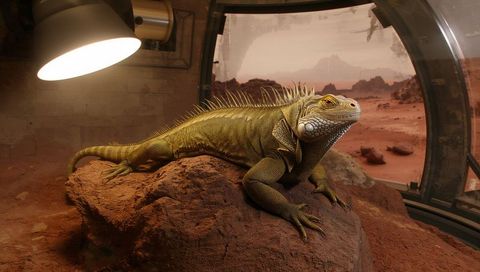 Green iguana basking on red rock inside futuristic glass desert habitat under heat lamp