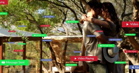 Romantic Couple Embracing Outdoors with Tech Overlays