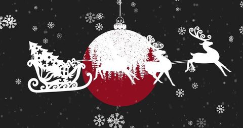Santa's Sleigh Silhouette with Reindeer and Christmas Bauble Design