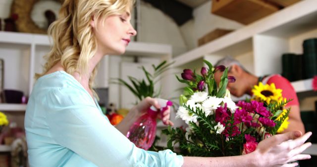 Female florist caring for a vibrant flower arrangement in a flower shop. The florist is spray-misting the colorful bouquet. Ideal for use in small business promotions, articles on floral design, or marketing materials for florists.