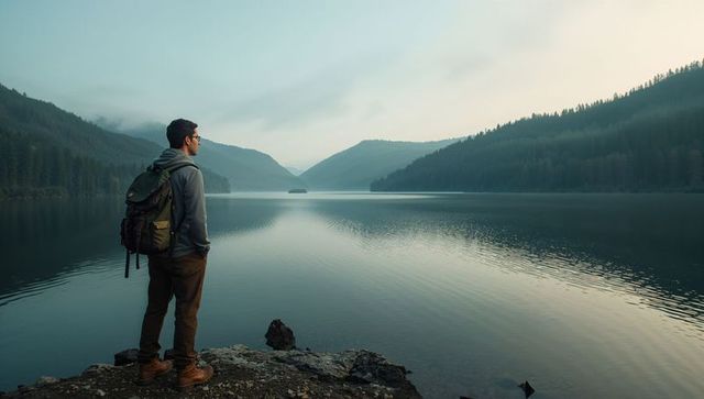 Solo hiker overlooking misty alpine lake at dawn, backpack and rugged boots, serene view