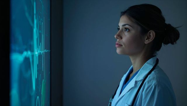 Female physician studying ecg monitor in dim hospital room with stethoscope and scrubs