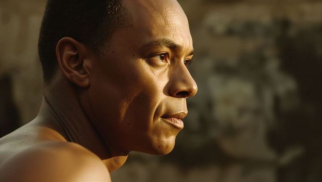 Golden-hour profile contemplative man gazing toward distance warm light sculpting jawline